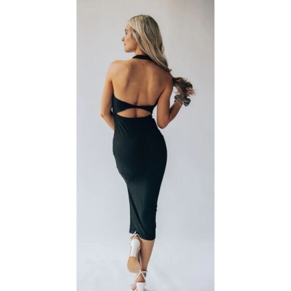 Endless Blu Cutout Halter Neck Twist Back Ribbed Midi Dress Large - Picture 7 of 13